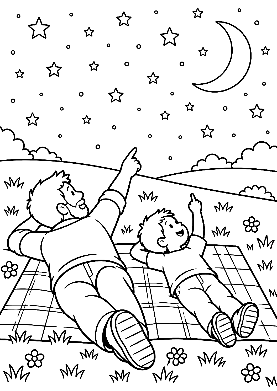 Pai e Filho a Observar as Estrelas para Colorir – desenho para colorir para imprimir
