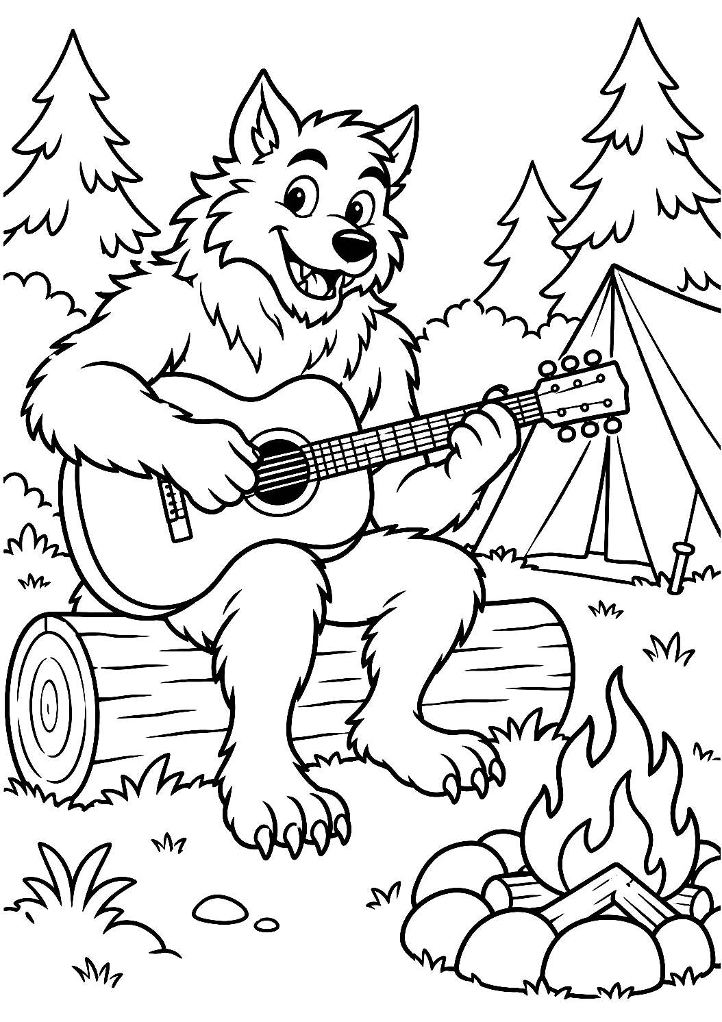 Varulv spelar gitarr vid lägerplatsen som målarbild – målarbild att skriva ut