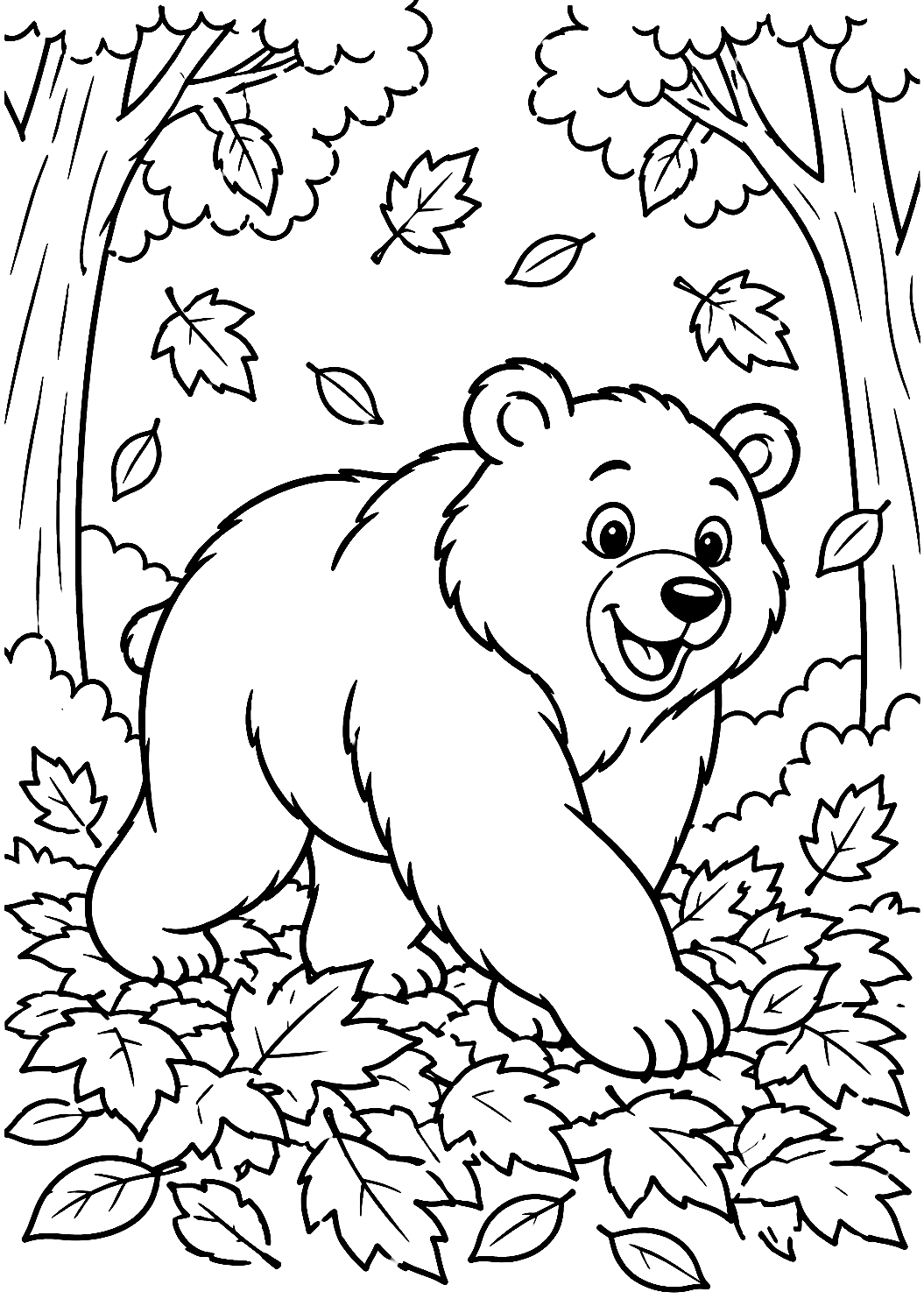 Orso tra le foglie d'autunno da colorare – disegno da colorare da stampare