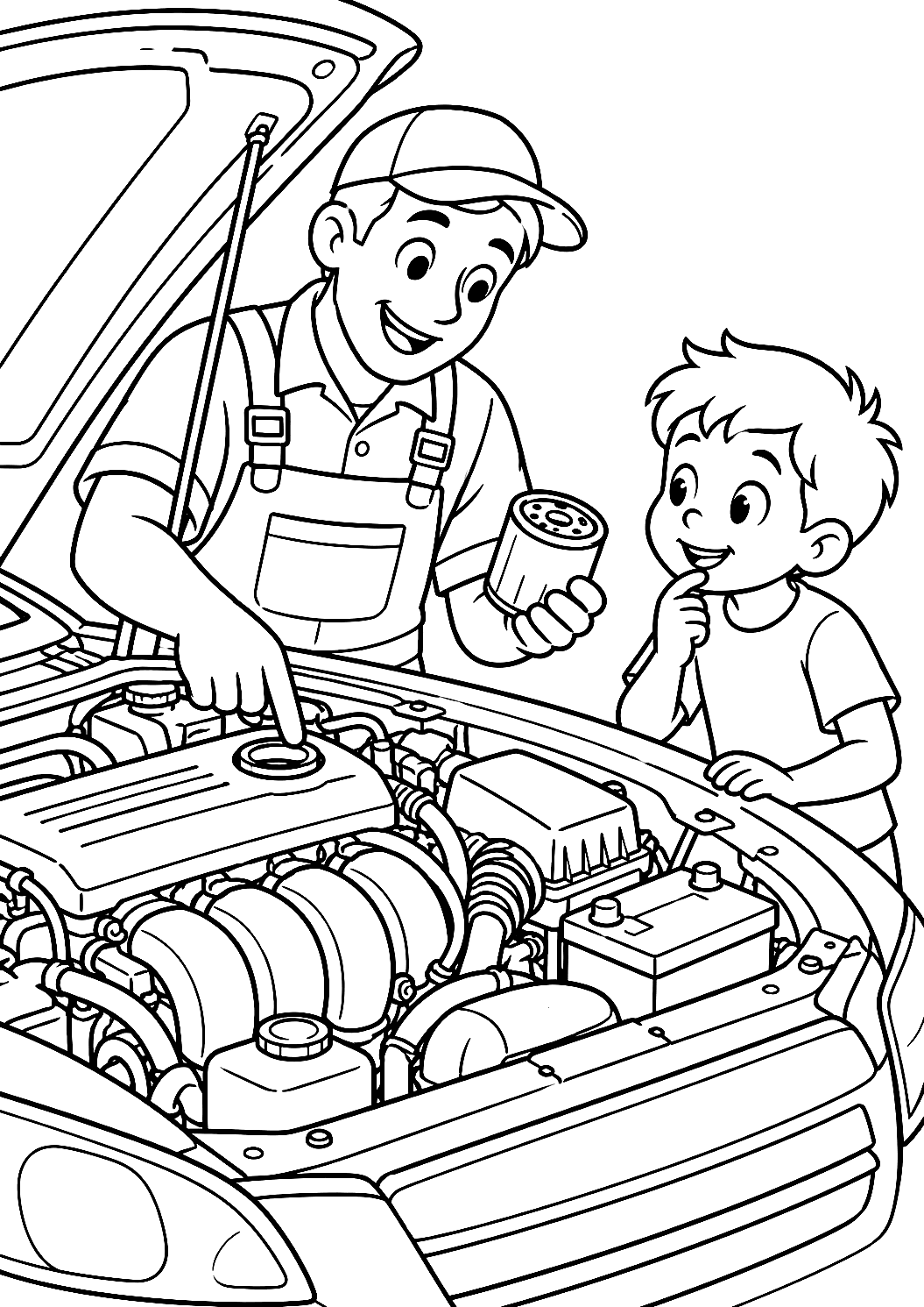 Il Meccanico Spiega le Parti dell'Auto a un Bambino Disegno da Colorare – disegno da colorare da stampare