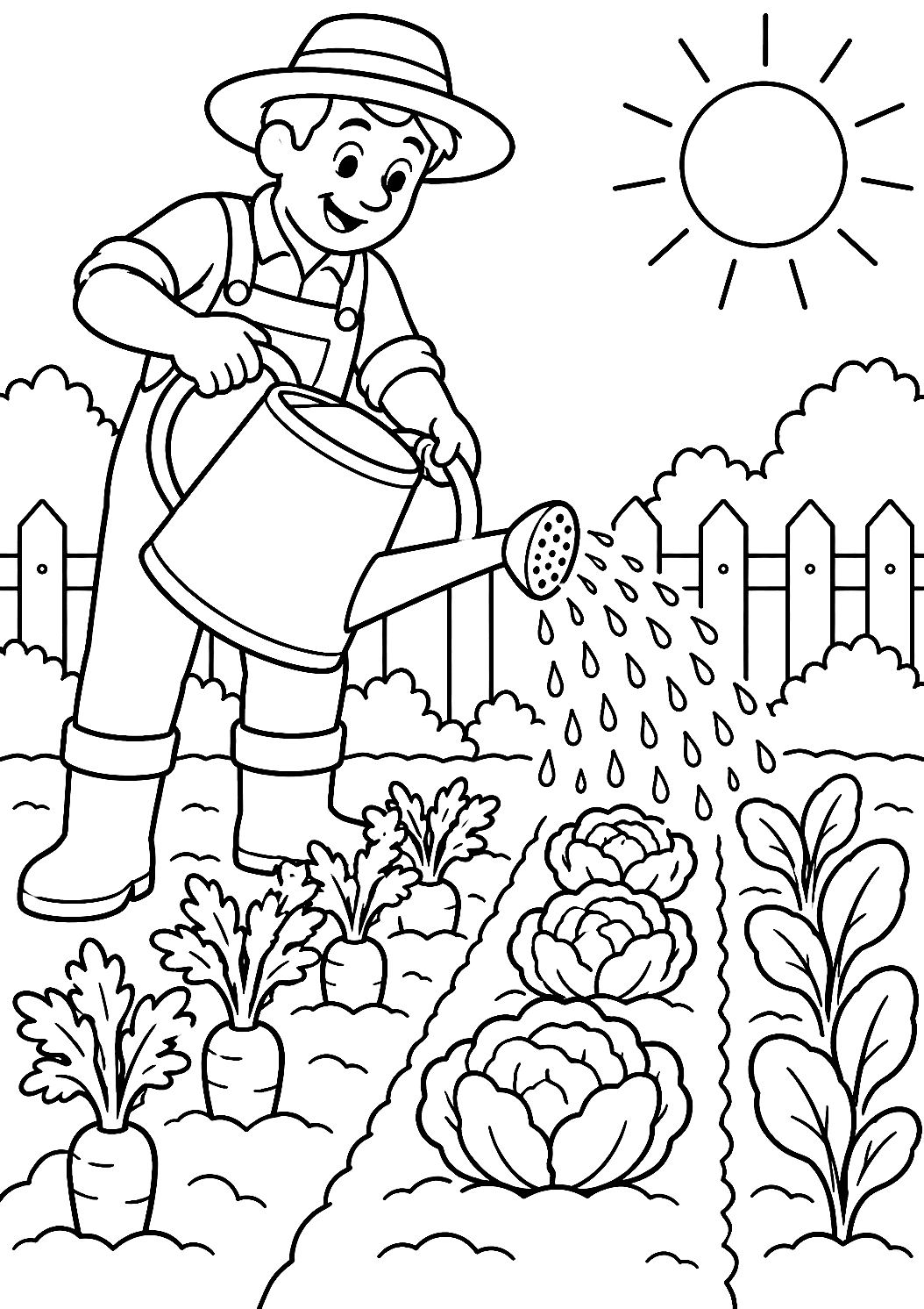 Jardineiro a Regar a Horta com um Regador para Colorir – desenho para colorir para imprimir