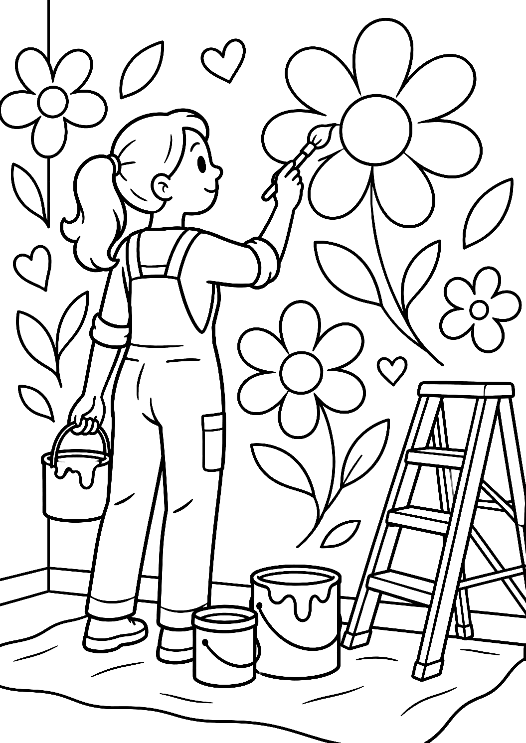 Pintor a decorar uma parede com um padrão de flores para colorir – desenho para colorir para imprimir