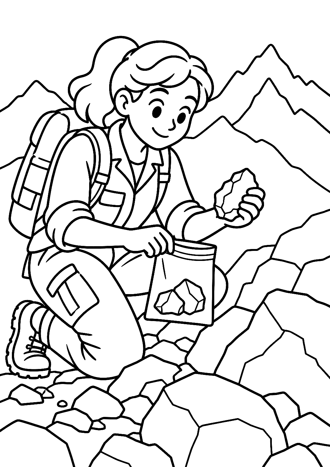 Scienziato che Raccoglie Campioni di Roccia sul Versante di una Montagna da Colorare – disegno da colorare da stampare