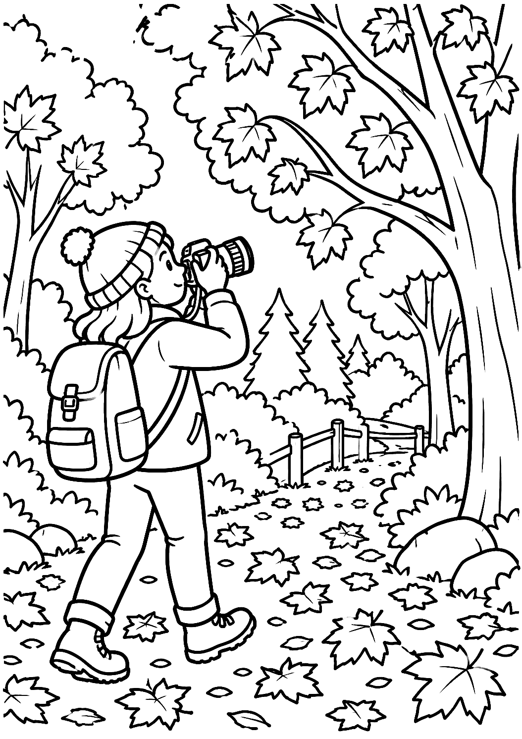 Photographer with Camera in the Autumn Forest Coloring Page – printable coloring page