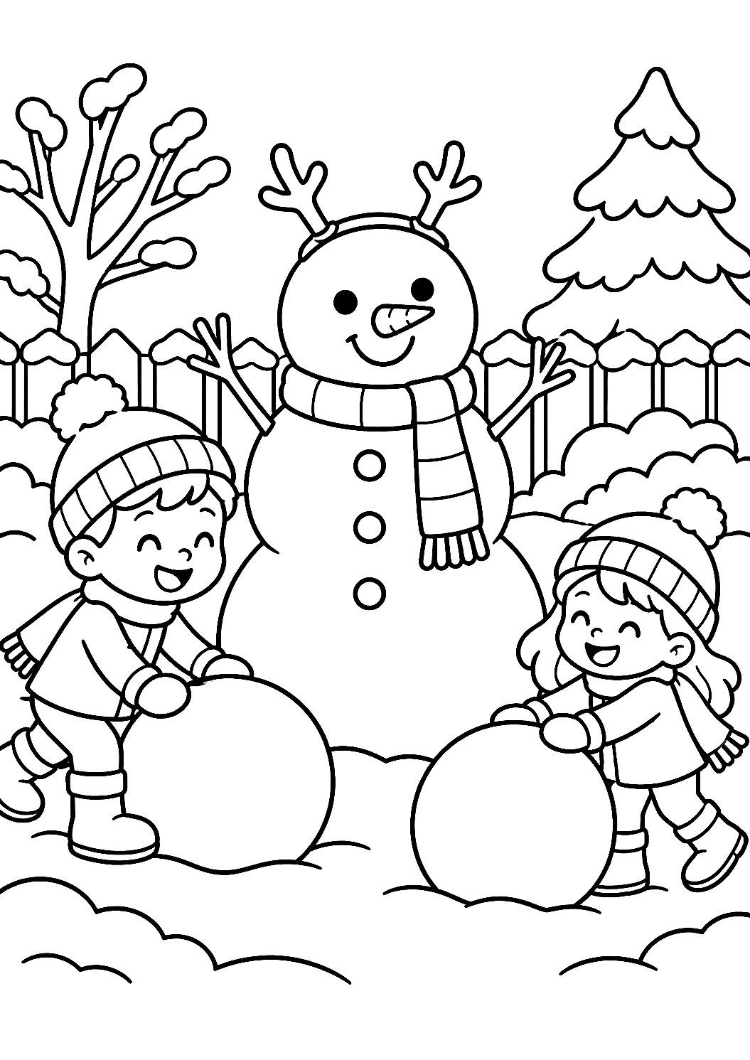 Children Building a Snowman with Reindeer Antlers Coloring Page – printable coloring page