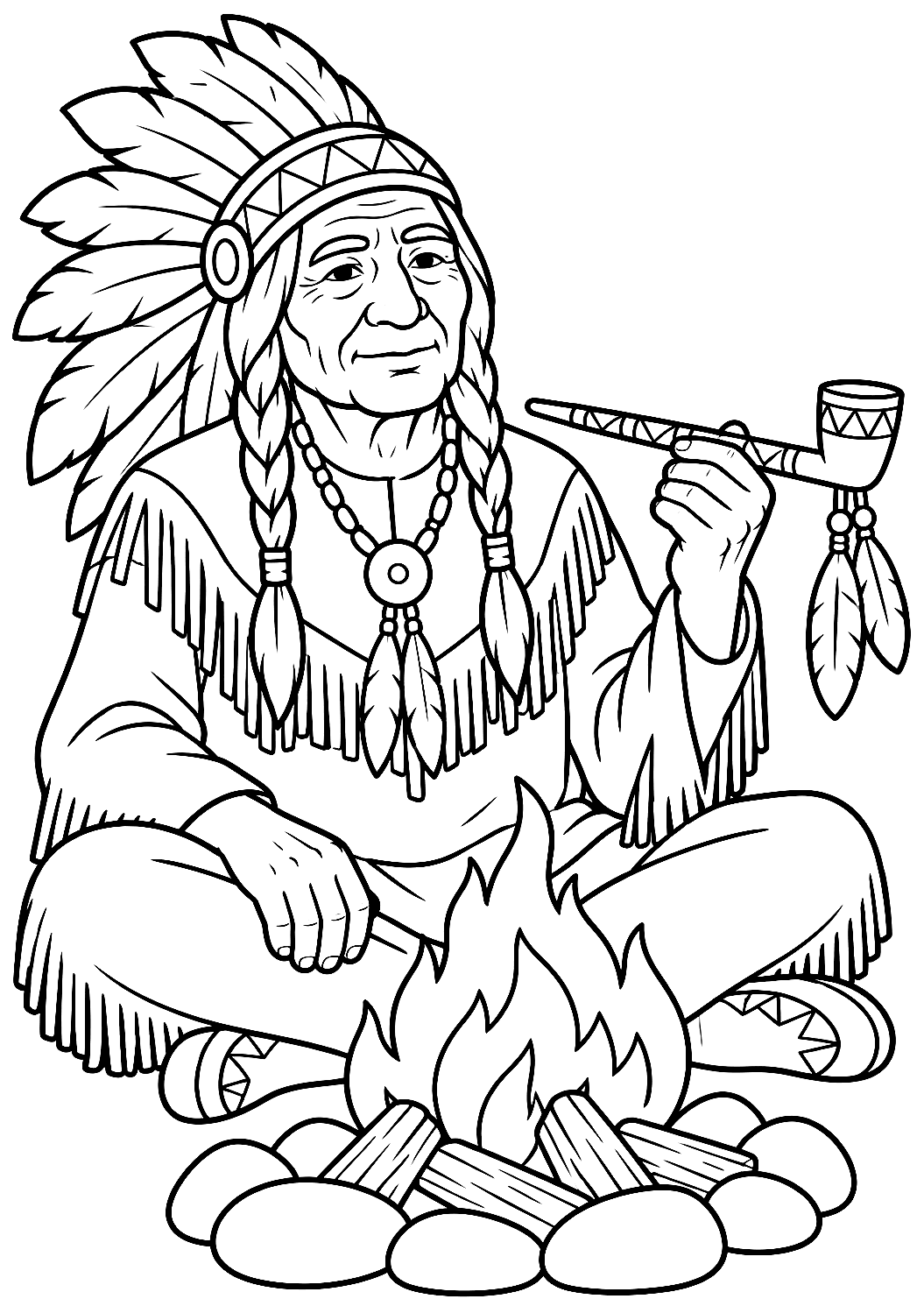 Indian Smoking a Pipe by the Fire Coloring Page – printable coloring page