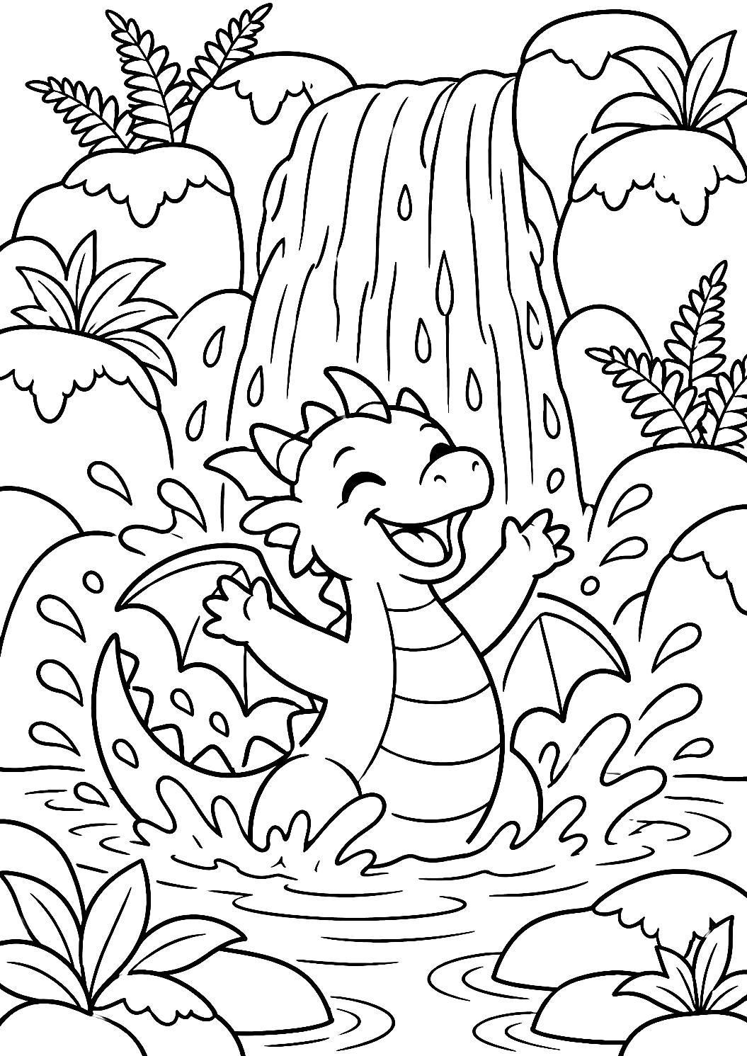 Drache badet im Wasserfall als Malvorlage – Ausmalbild zum Ausdrucken
