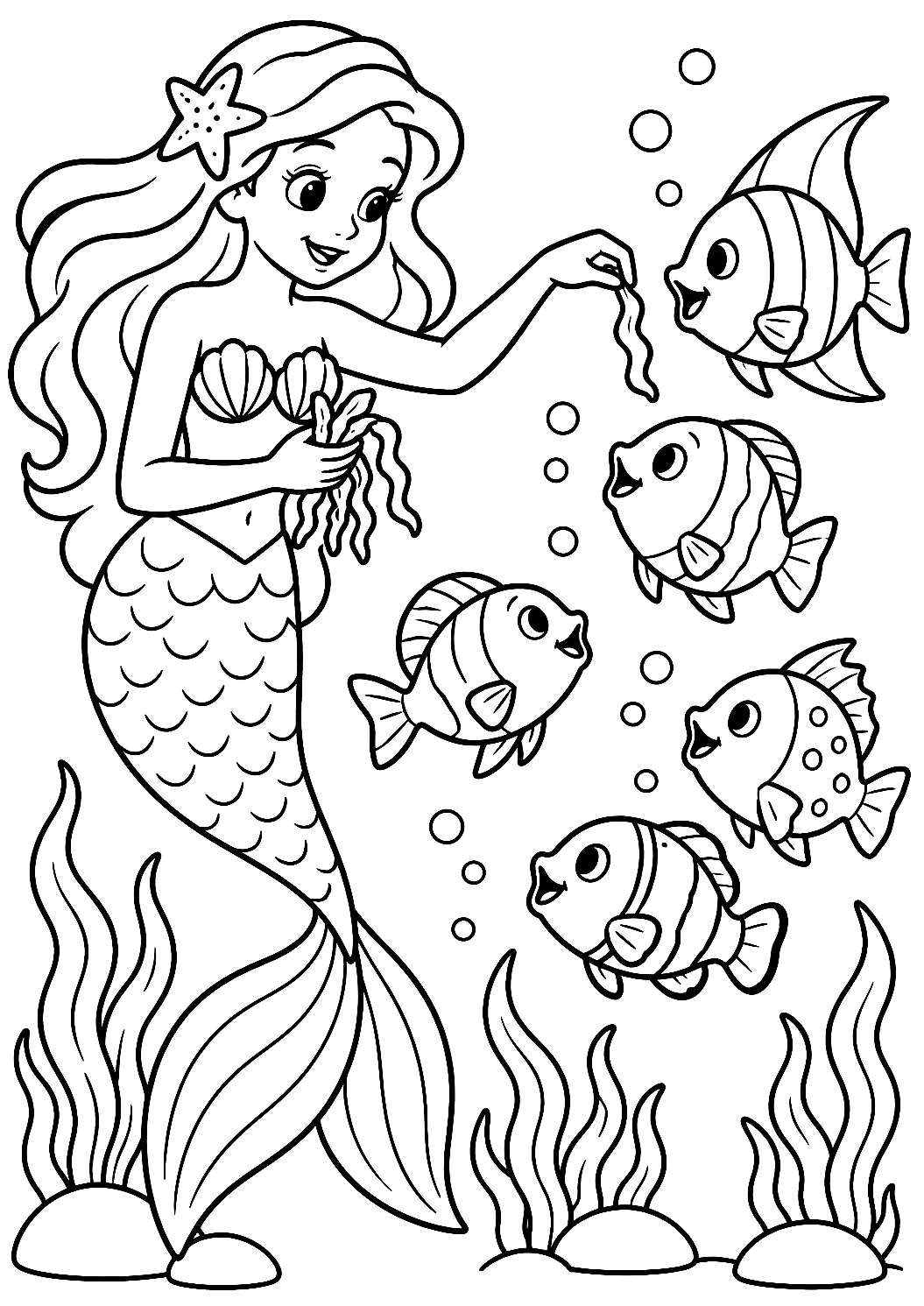 Mermaid Feeding Colorful Fish Coloring Page – printable coloring page