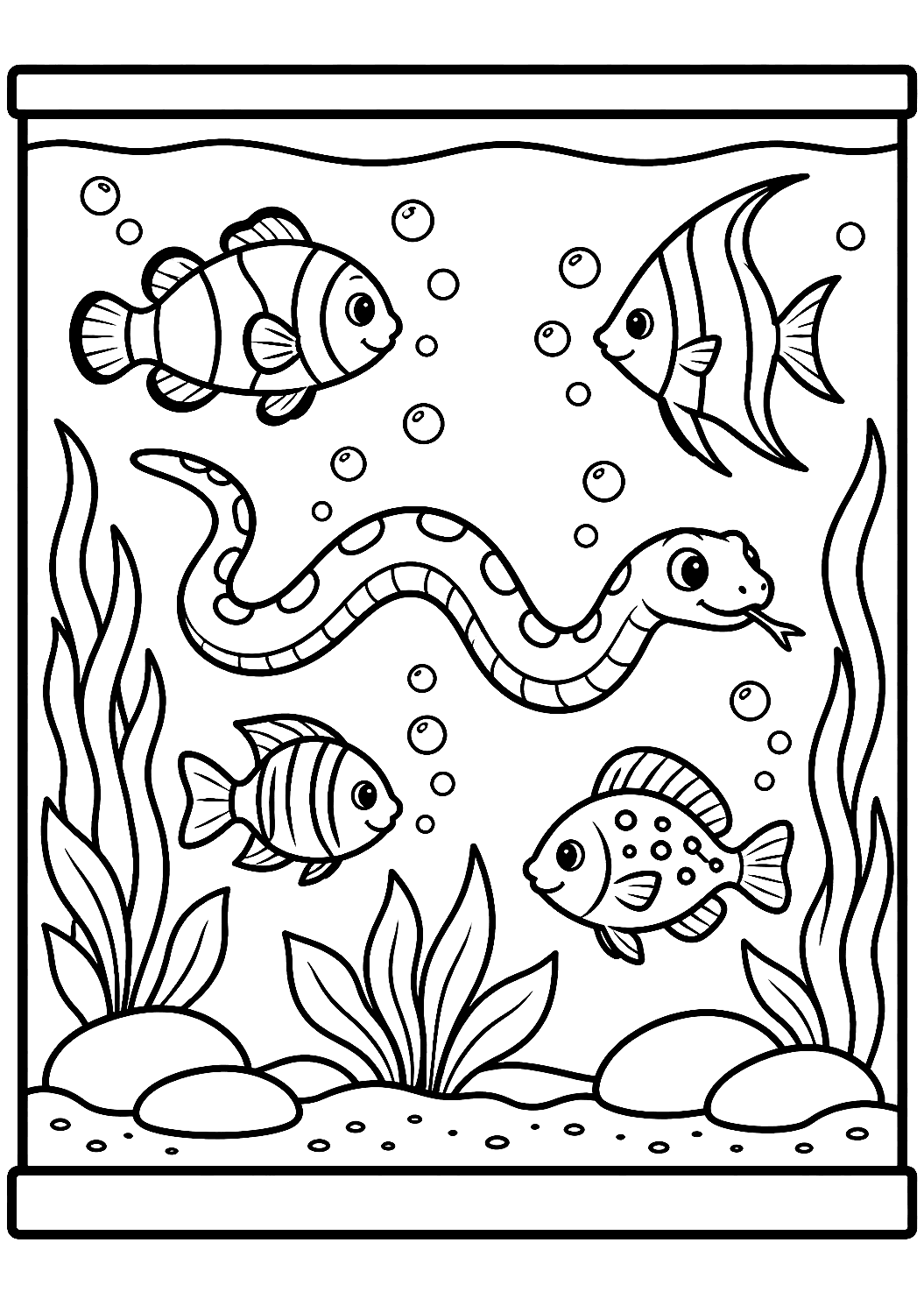 Serpiente en el Acuario Entre Peces de Colores para Colorear – dibujo para colorear e imprimir