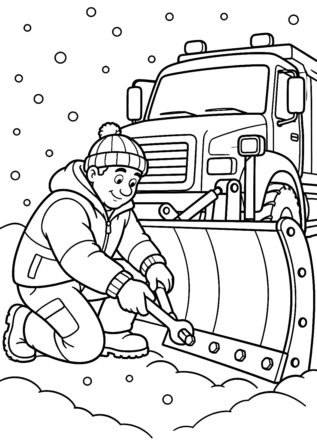 Mécanicienne réparant un chasse-neige en hiver à colorier – coloriage à imprimer