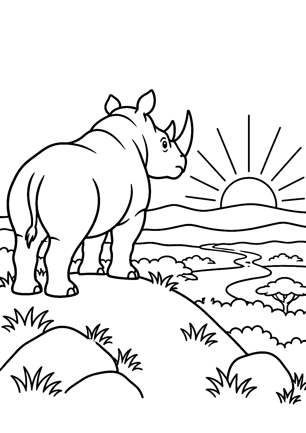 日の出の丘のサイのぬりえ – 印刷用ぬりえ