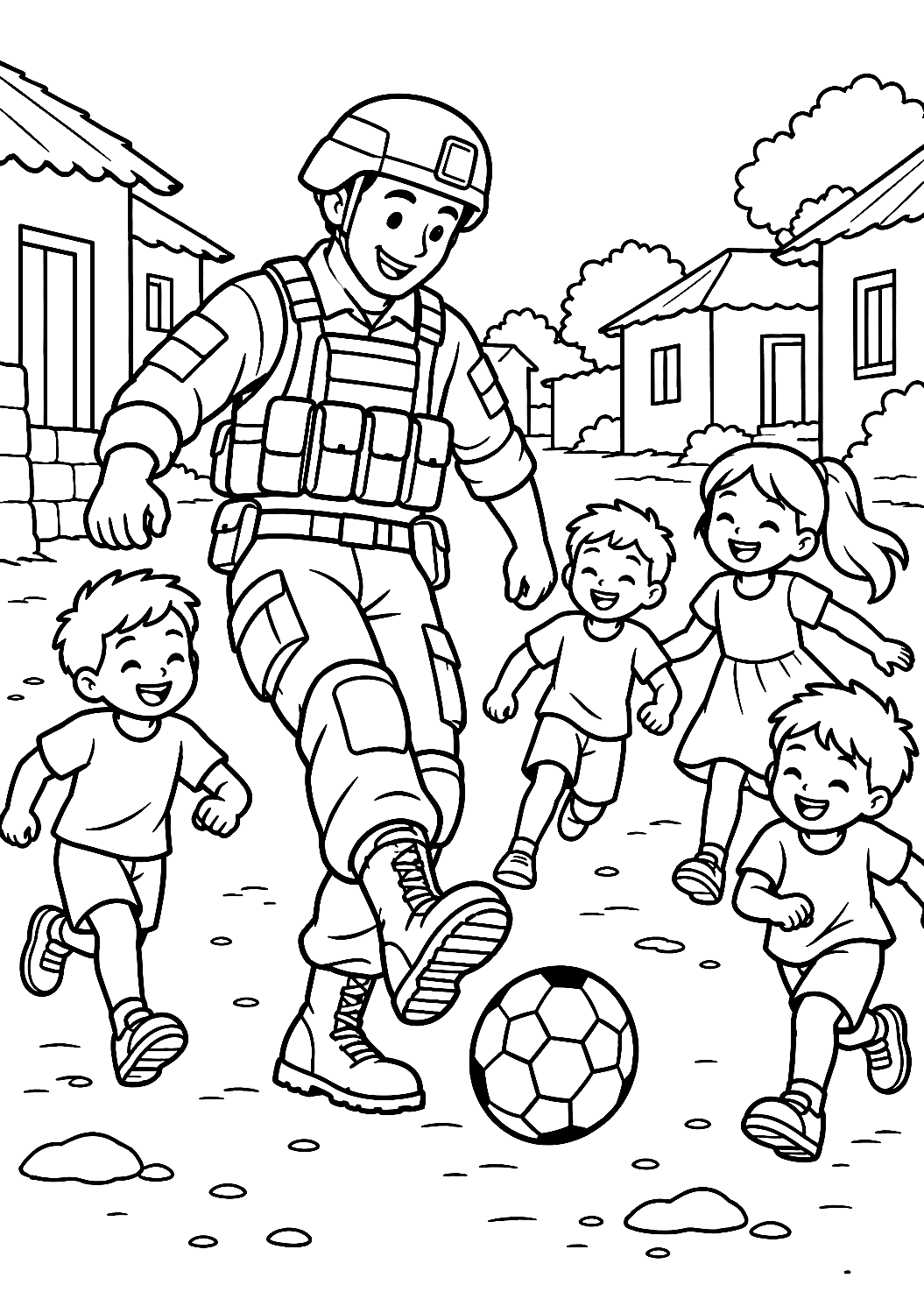 Soldat beim Spielen mit Kindern im Dorf als Malvorlage – Ausmalbild zum Ausdrucken