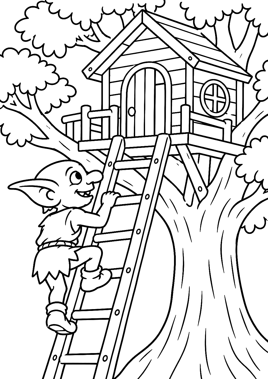 Lutin Grimpant une Échelle vers la Cabane dans l'Arbre à Colorier – coloriage à imprimer
