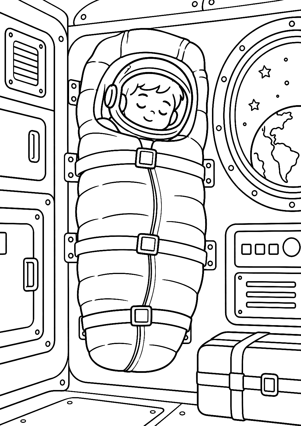 Astronaut schläft in der Schwerelosigkeit als Malvorlage – Ausmalbild zum Ausdrucken