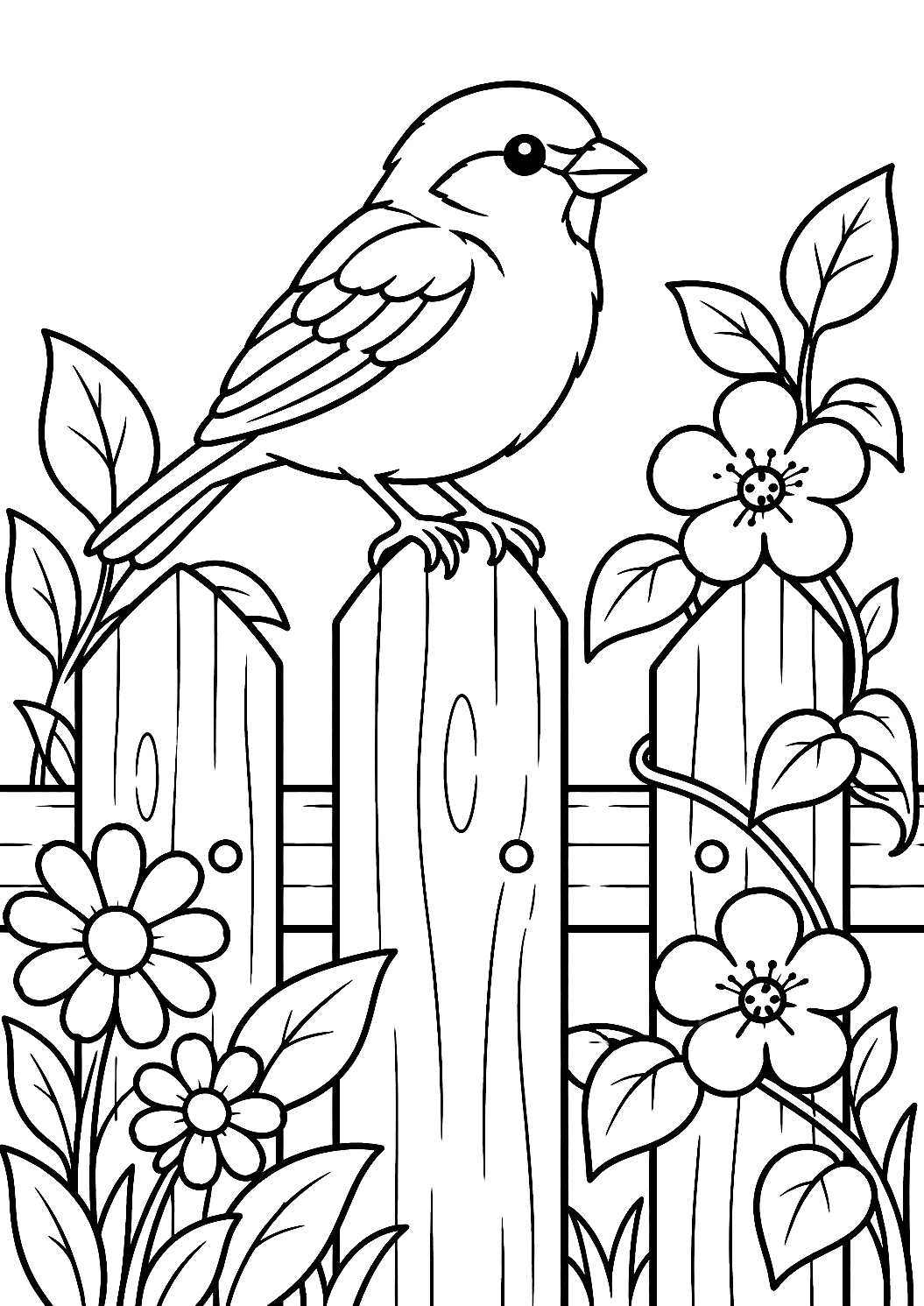 Spatz auf einem Gartenzaun als Malvorlage – Ausmalbild zum Ausdrucken