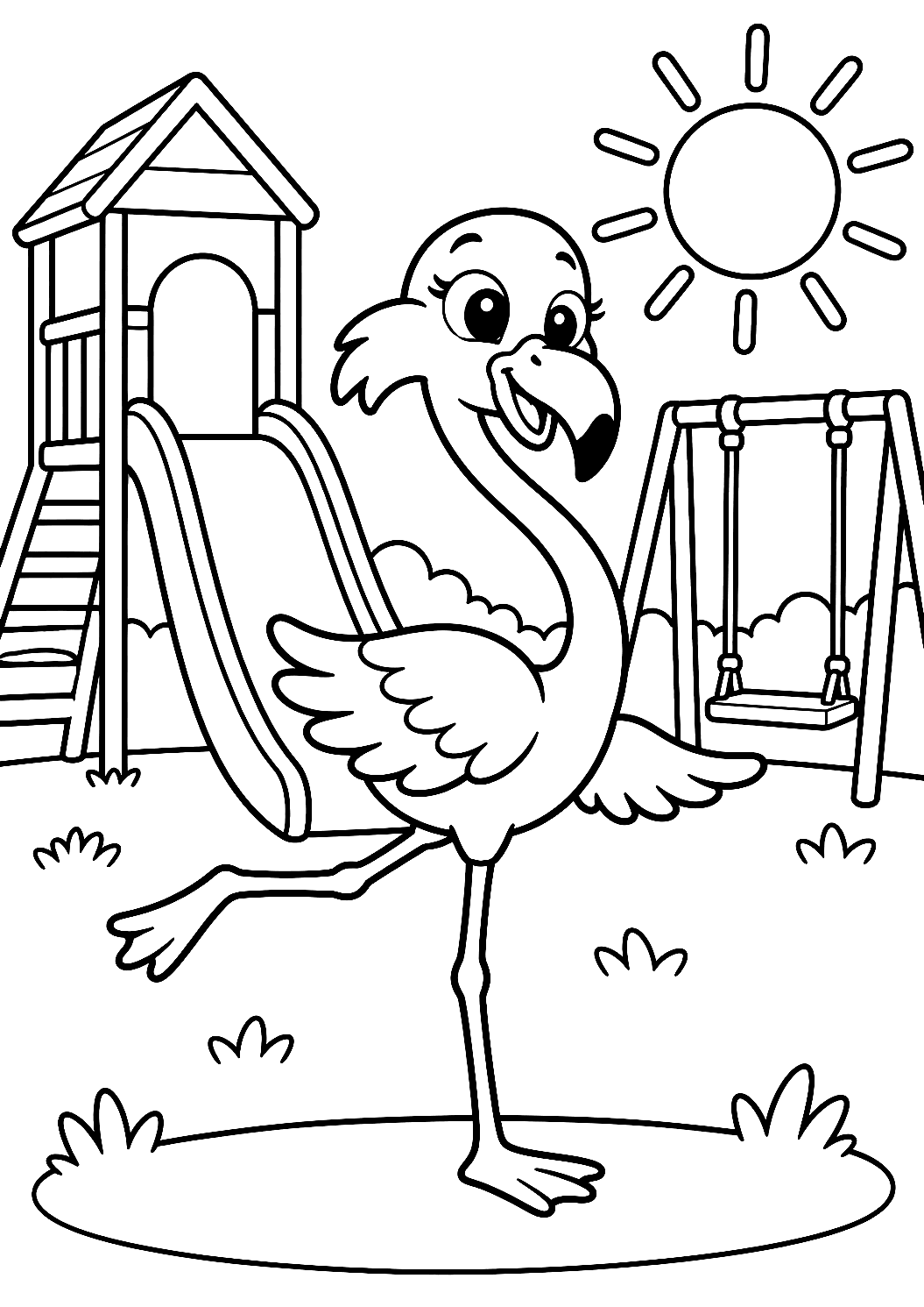 Flamingo auf einem Spielplatz als Malvorlage – Ausmalbild zum Ausdrucken