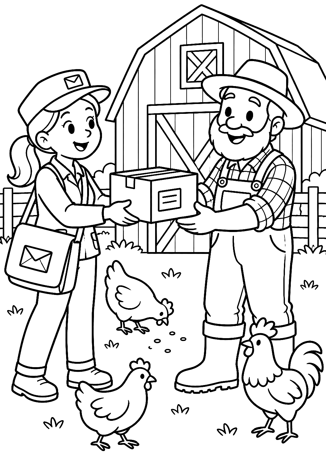 Postbotin liefert ein Paket auf dem Bauernhof als Malvorlage – Ausmalbild zum Ausdrucken