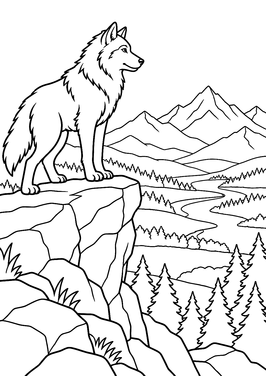 Wolf kijkt vanaf de rotsrand naar het dal als kleurplaat – kleurplaat om af te drukken