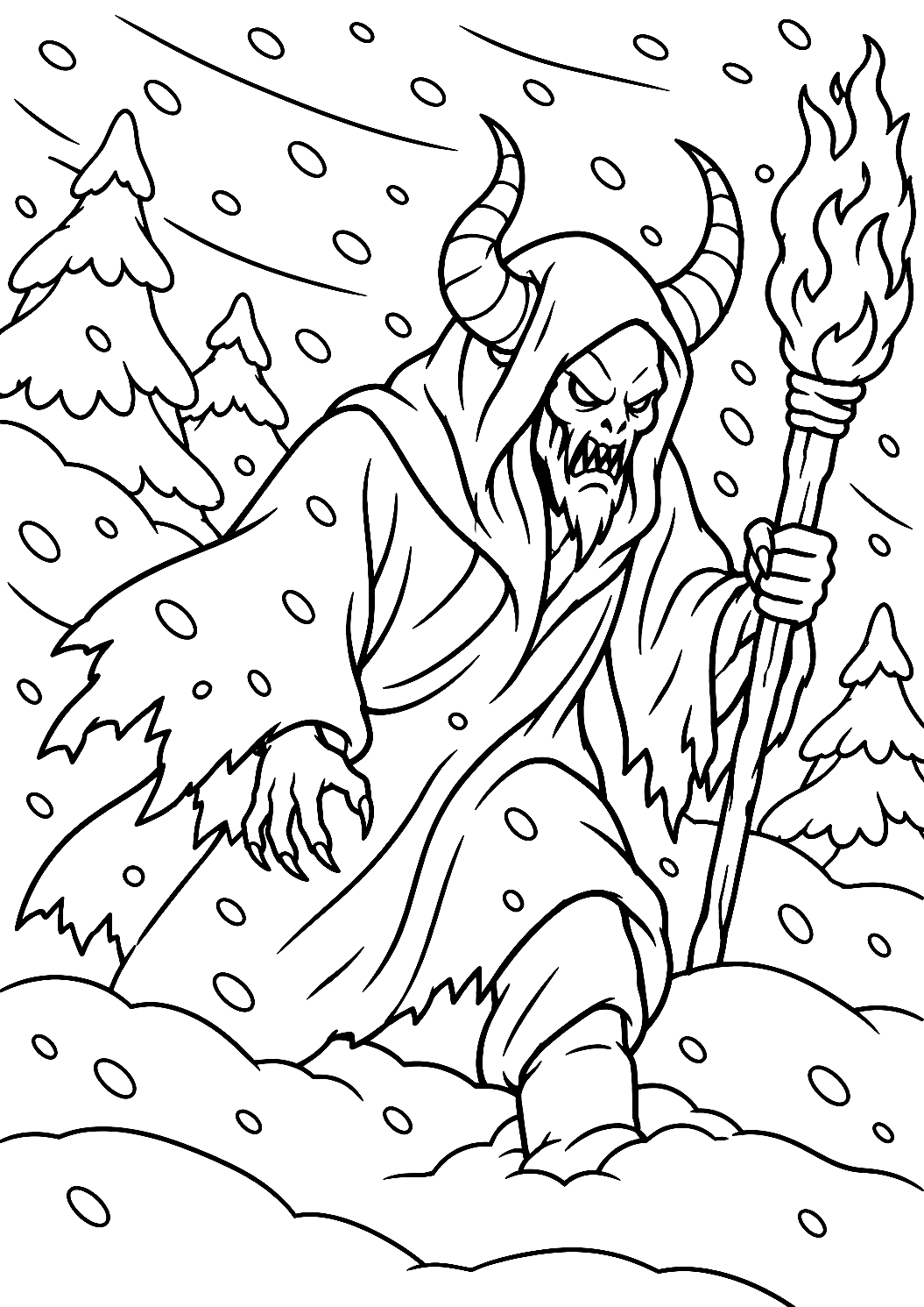 Demon i snöstorm med fackla som målarbild – målarbild att skriva ut