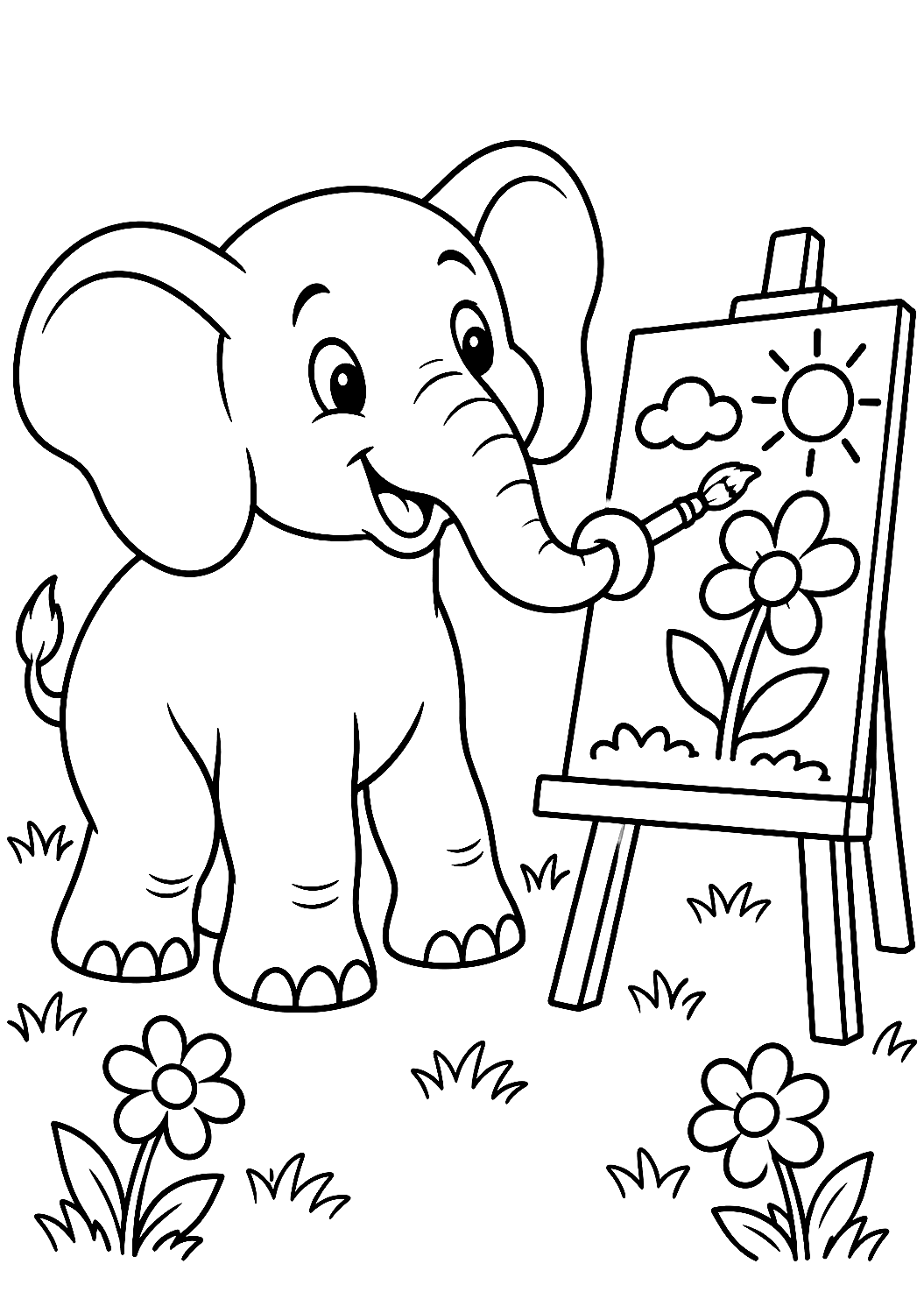 Elephant Painting with Its Trunk Coloring Page – printable coloring page