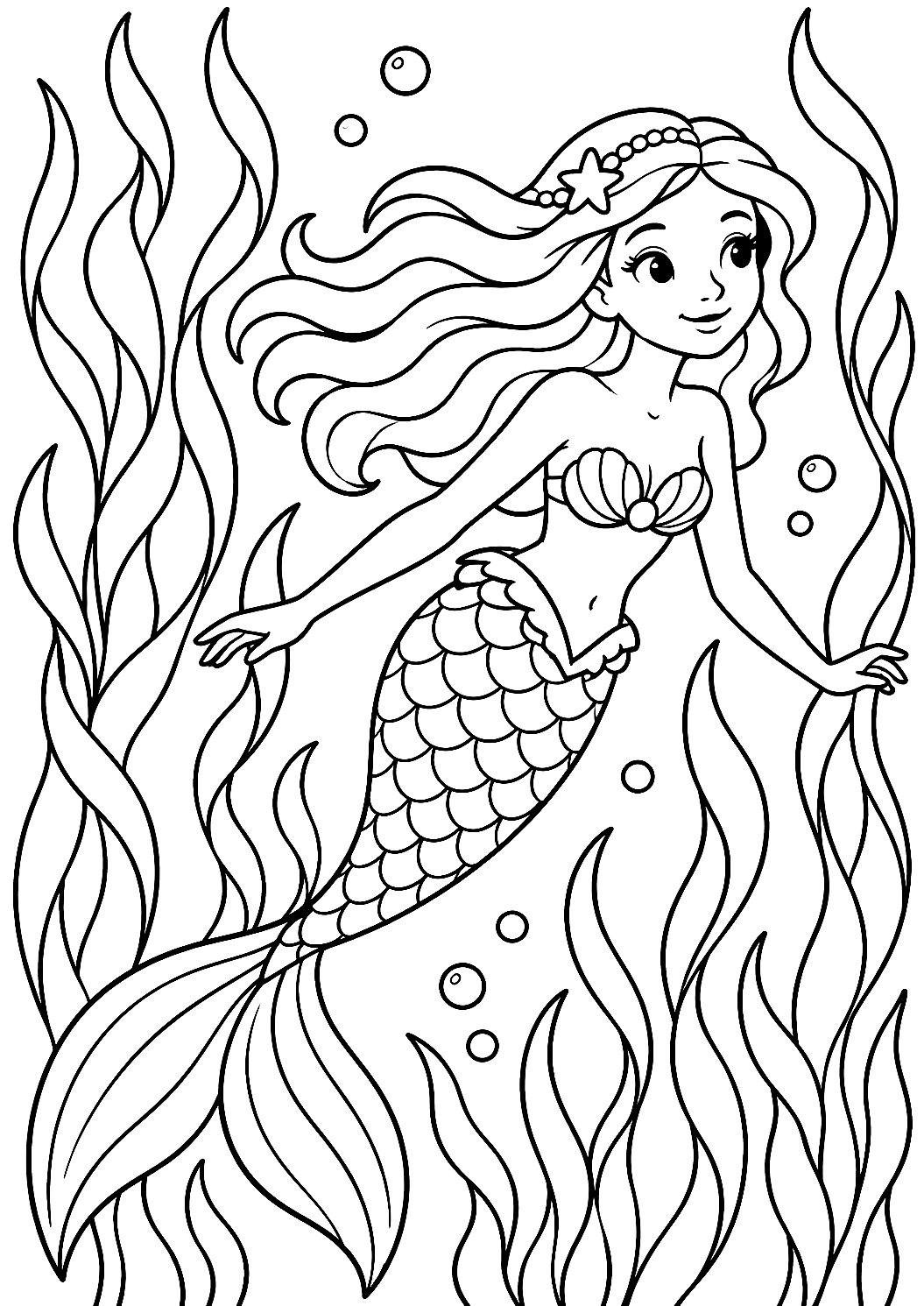 Sirena che Scivola tra le Alghe da Colorare – disegno da colorare da stampare