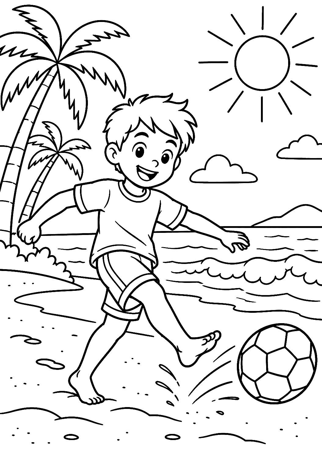 Fußballer beim Strandfußball als Malvorlage – Ausmalbild zum Ausdrucken