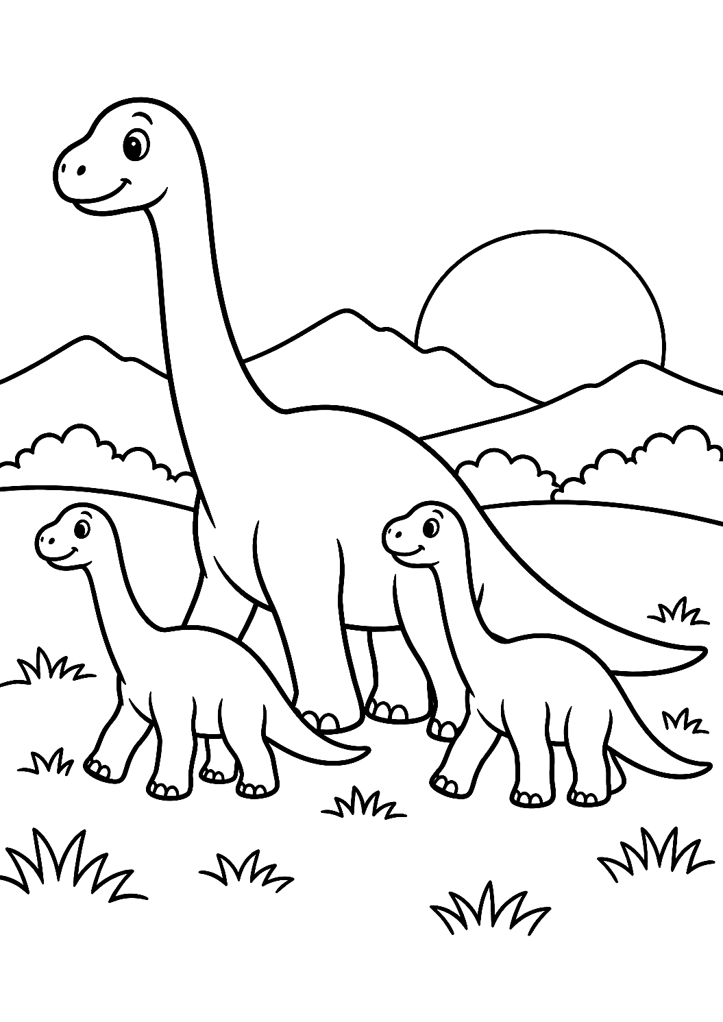 Dinosaurier Familie im Sonnenuntergang als Malvorlage – Ausmalbild zum Ausdrucken
