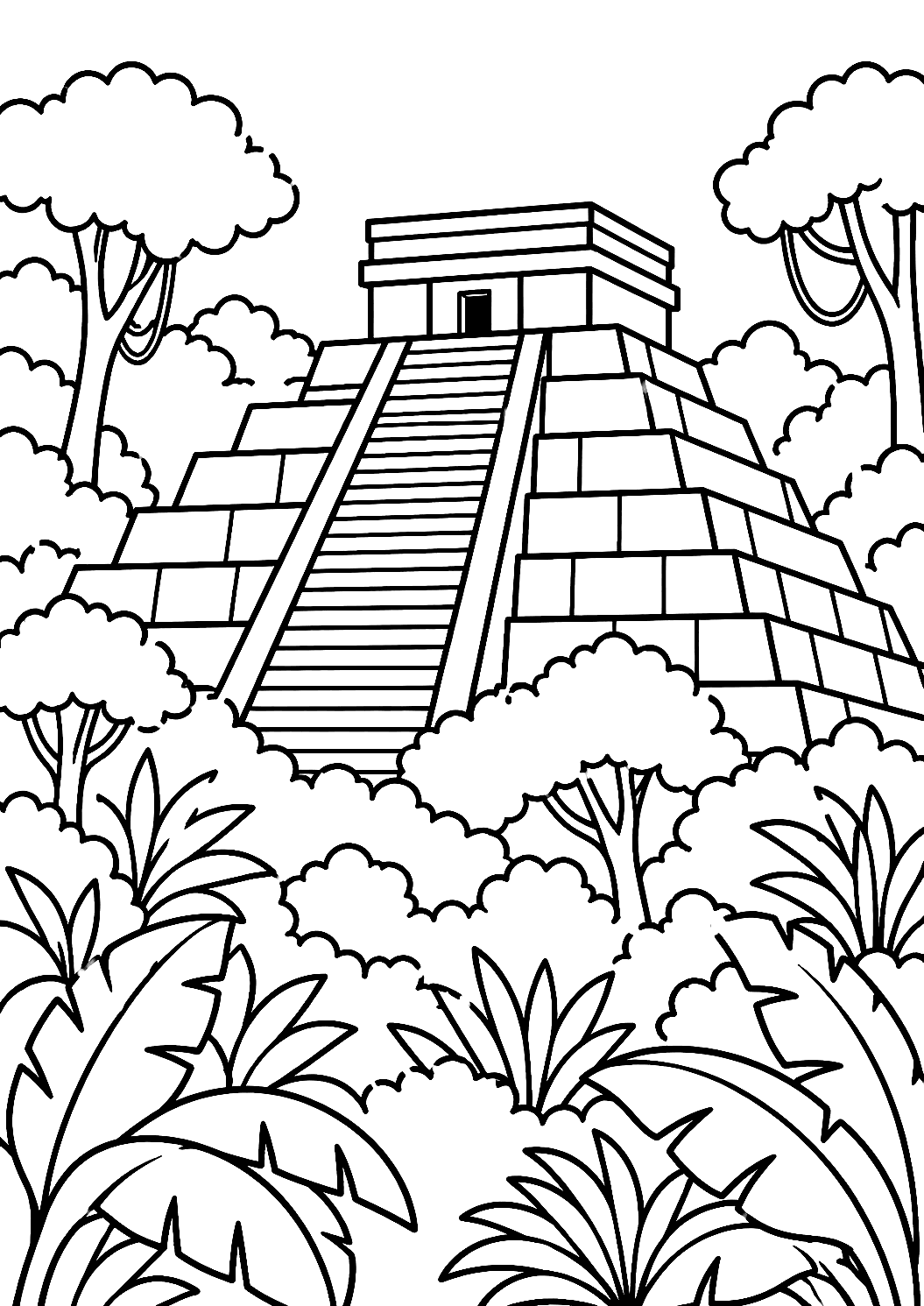 Piramide Maya nella Foresta Pluviale da Colorare – disegno da colorare da stampare