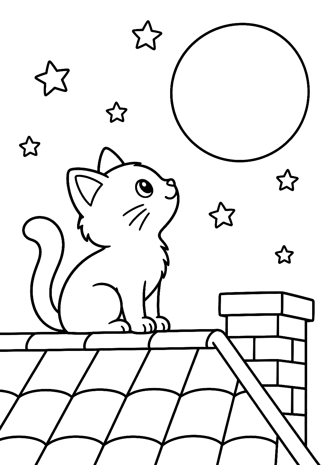 Katze sitzt auf dem Dach unter dem Mond als Malvorlage – Ausmalbild zum Ausdrucken