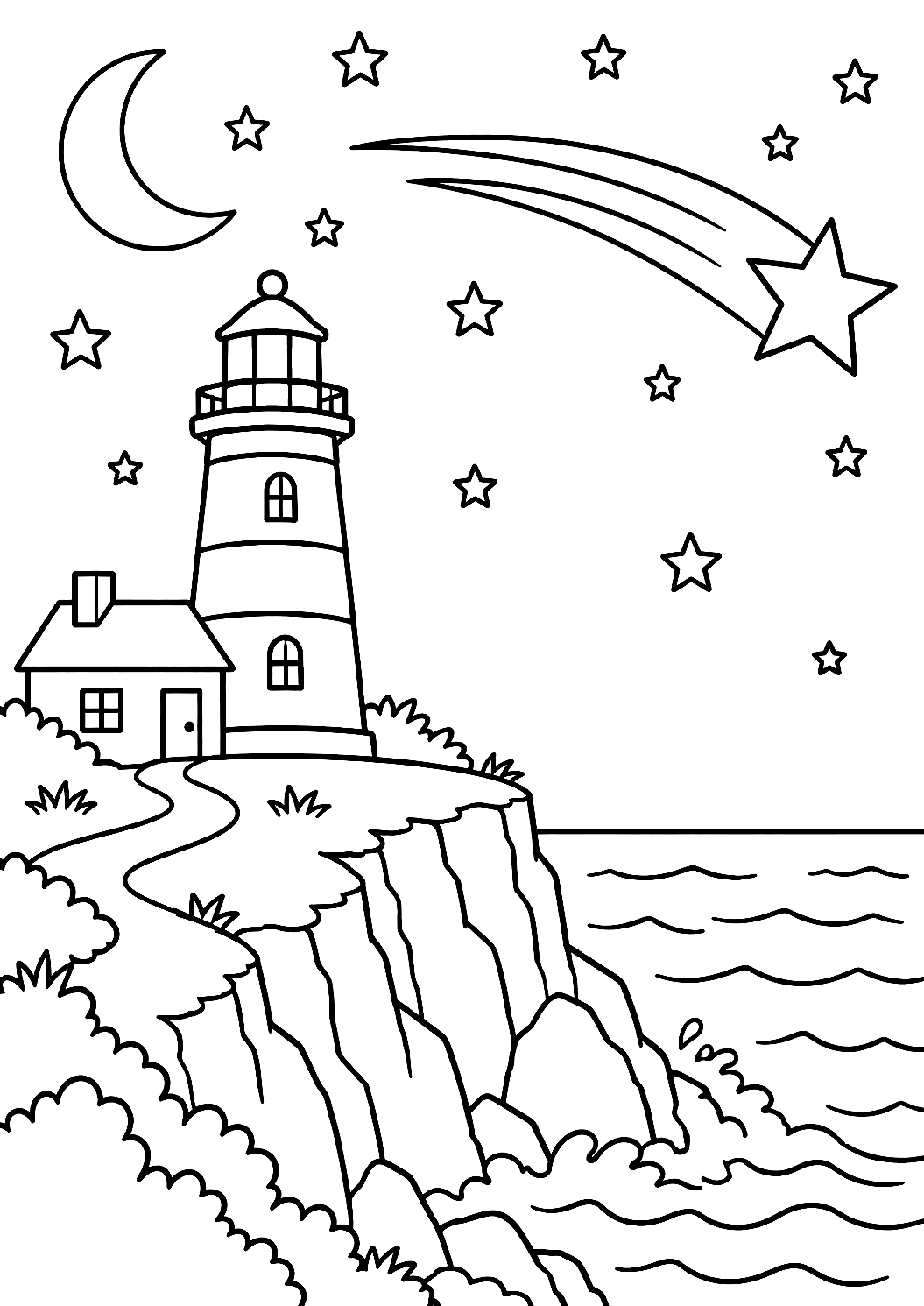 Estrella fugaz cayendo sobre el faro para colorear – dibujo para colorear e imprimir