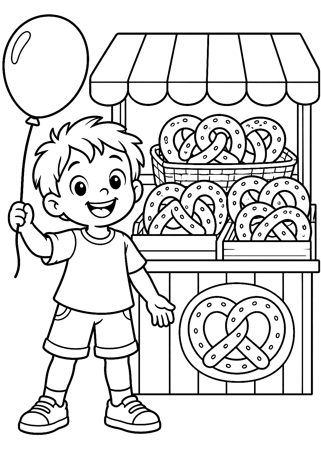Enfant avec un ballon au stand de bretzels à colorier – coloriage à imprimer