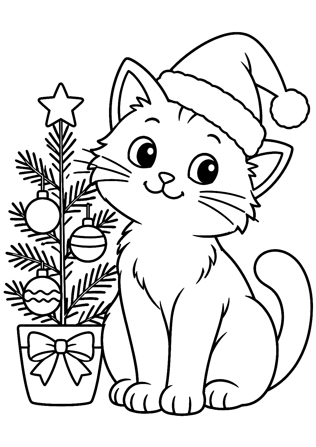 Kat met kerstmuts als kleurplaat – kleurplaat om af te drukken