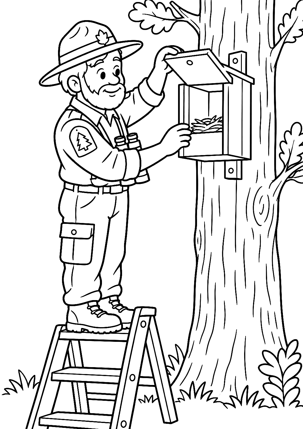 Guarda-florestal a verificar uma casinha de pássaros numa árvore para colorir – desenho para colorir para imprimir