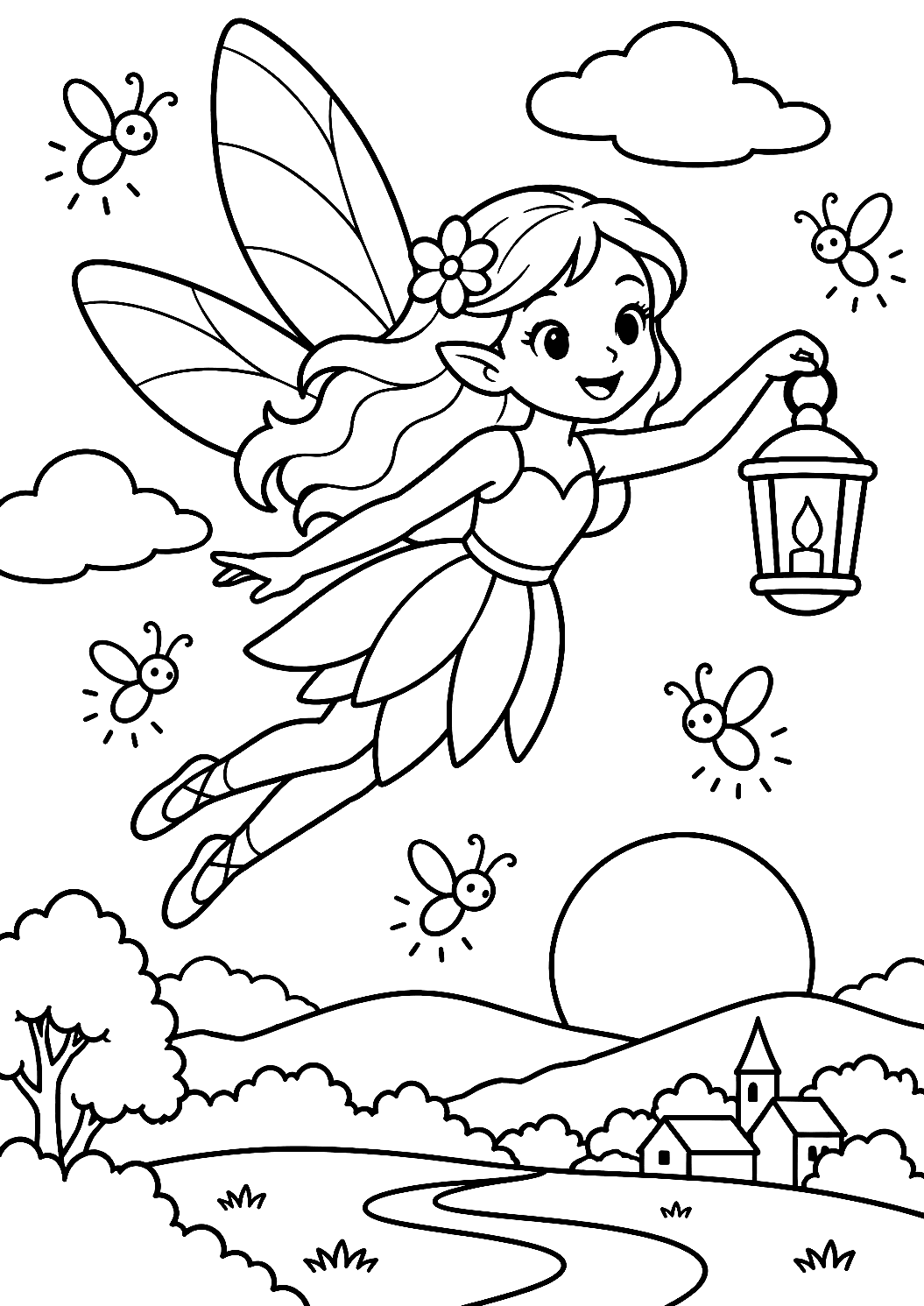 Fairy Flying with a Lantern Through the Summer Evening Coloring Page – printable coloring page