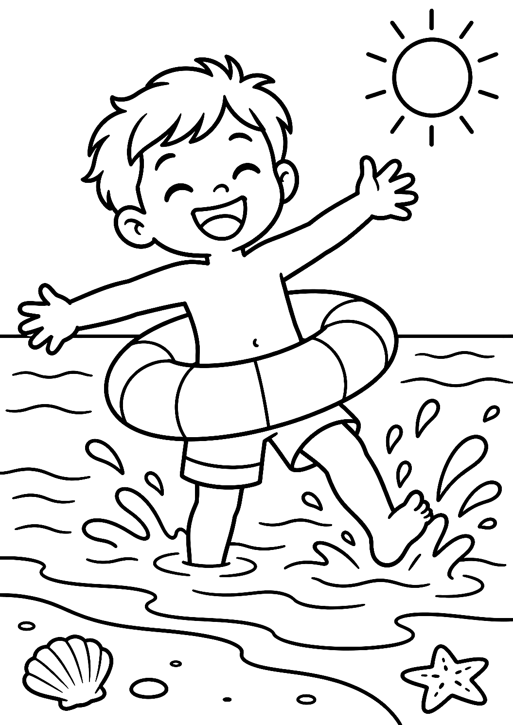 Kind met zwemband in het ondiepe water als kleurplaat – kleurplaat om af te drukken