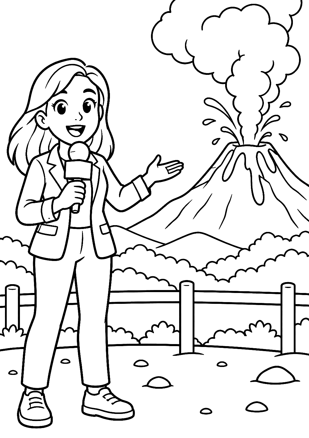Journalist Reporting on a Volcanic Eruption Coloring Page – printable coloring page