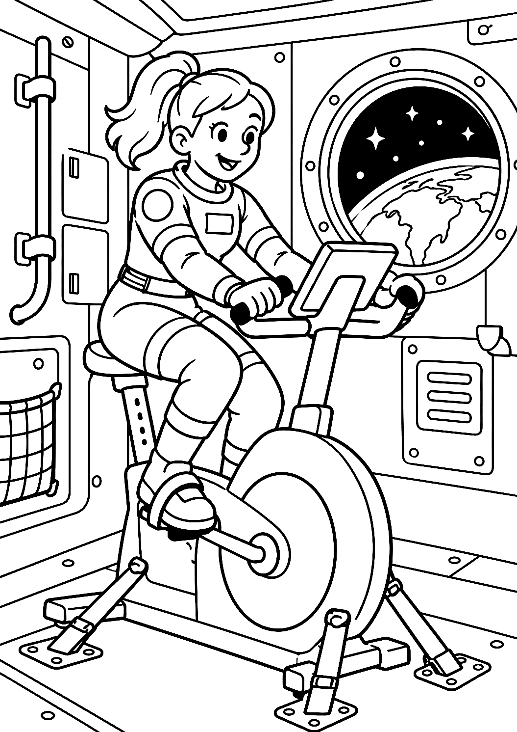 Astronautka cvičí ve fitness místnosti vesmírné lodi jako omalovánka – omalovánka k vytisknutí