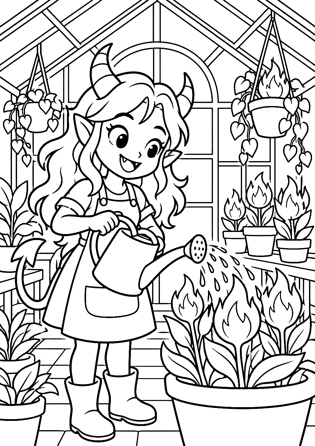 悪魔が温室で火の花を育てる - ぬりえ – 印刷用ぬりえ