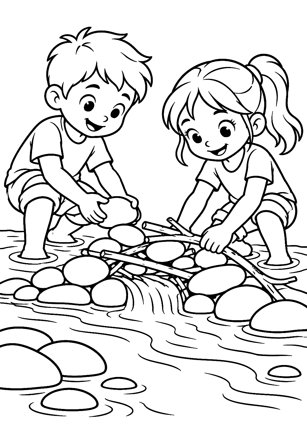 Bambini Costruiscono una Diga sulla Riva del Fiume da Colorare – disegno da colorare da stampare