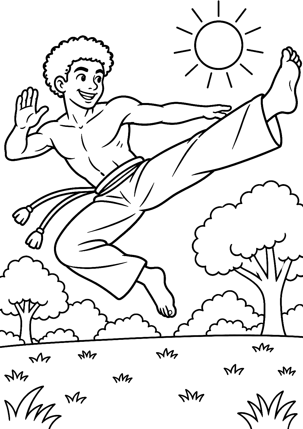 Danzatore Durante un Salto di Capoeira nel Parco da Colorare – disegno da colorare da stampare