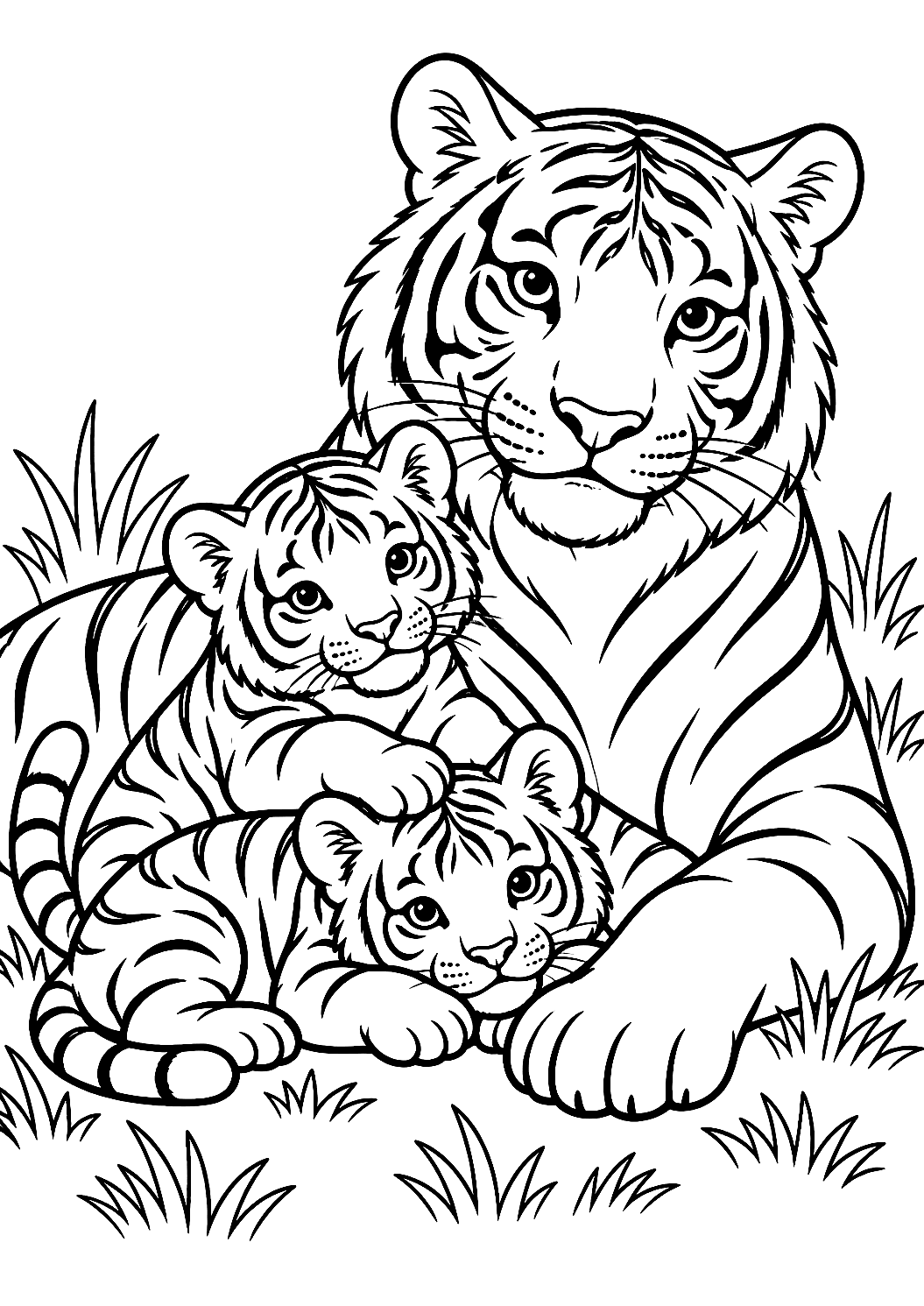 Cuccioli di tigre coccolati dalla mamma da colorare – disegno da colorare da stampare