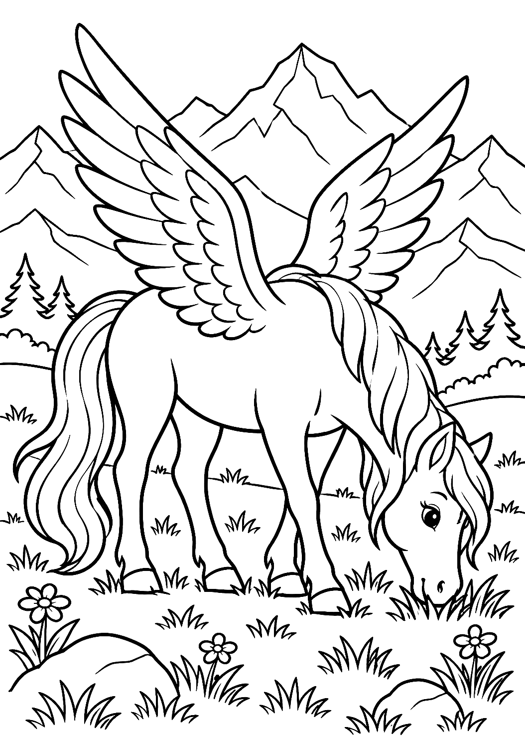 Pegaso al Pascolo su un Prato Alpino da Colorare – disegno da colorare da stampare