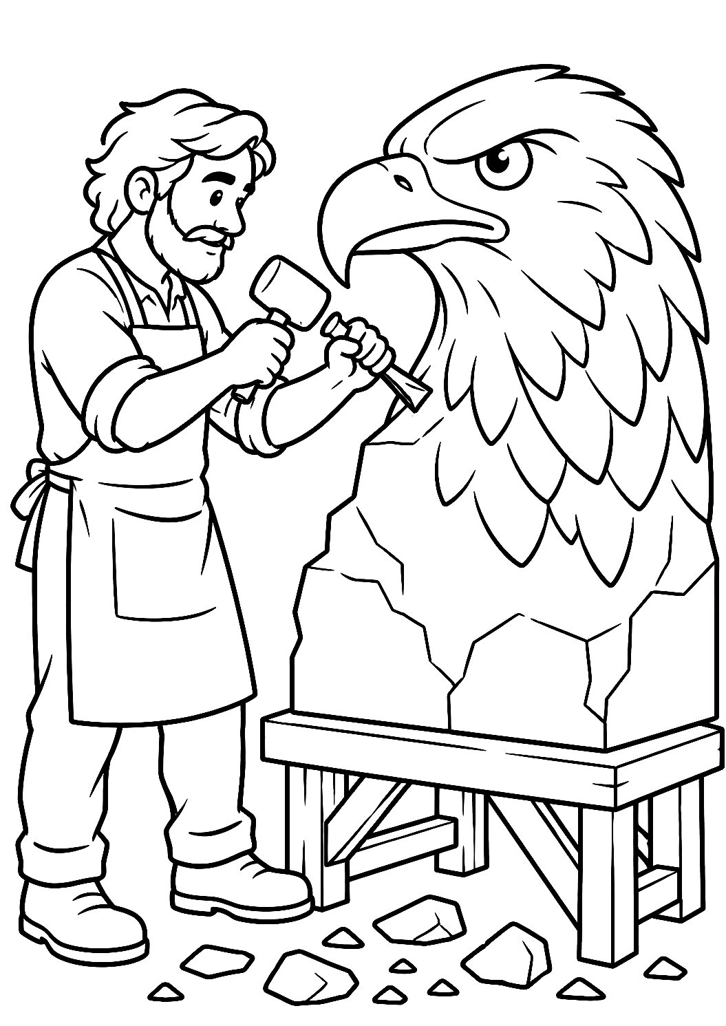 Escultor tallando una cabeza de águila en piedra para colorear – dibujo para colorear e imprimir