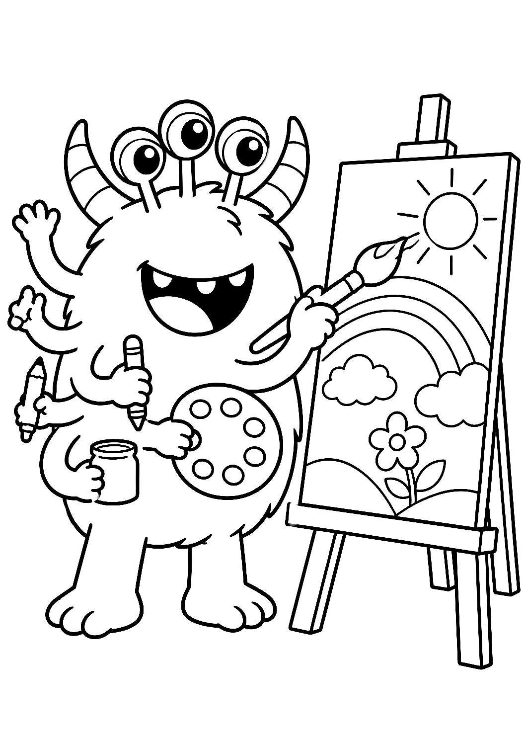 Monster schildert een tekening met een penseel als kleurplaat – kleurplaat om af te drukken