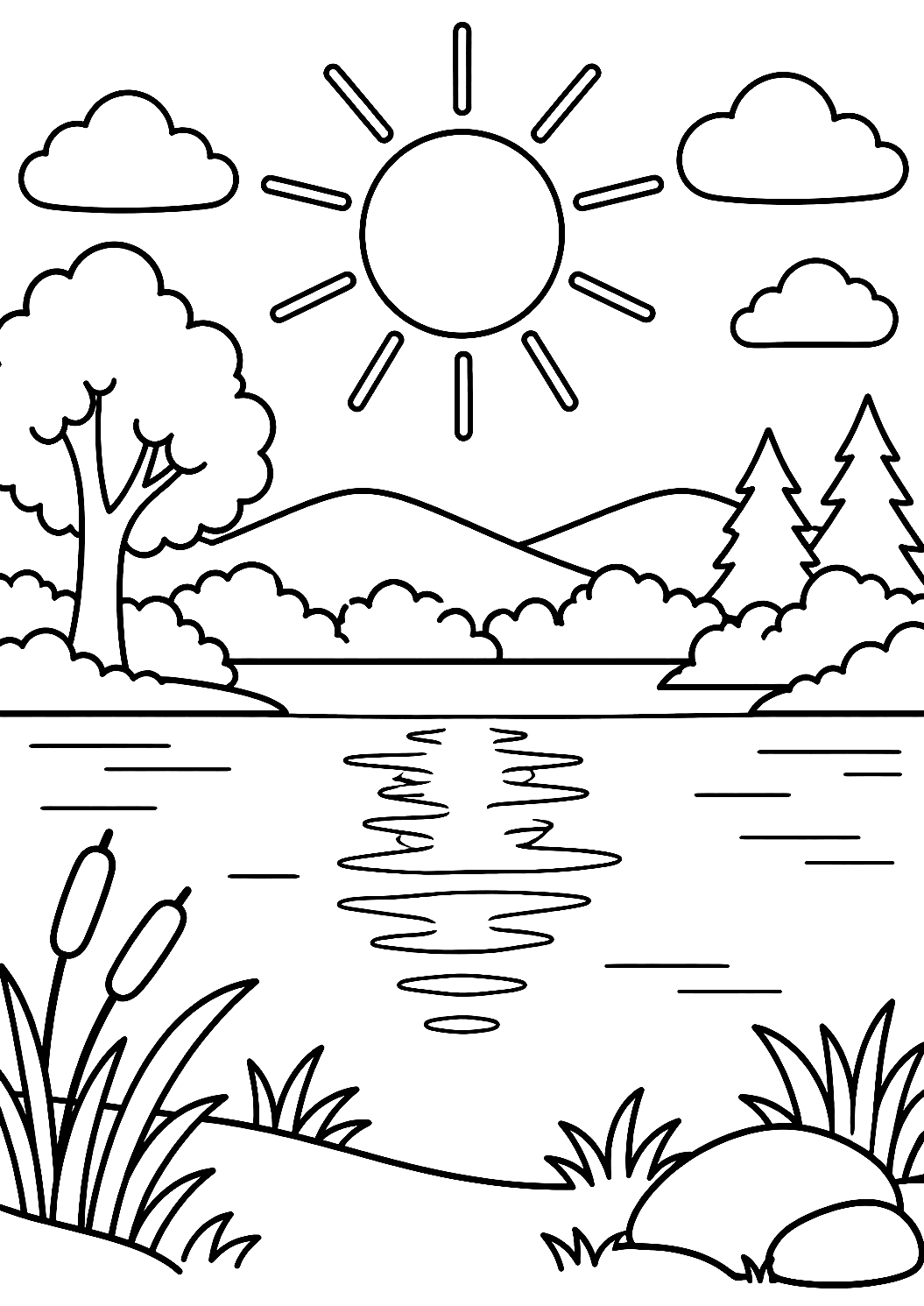 Sonne spiegelt sich im See als Malvorlage – Ausmalbild zum Ausdrucken