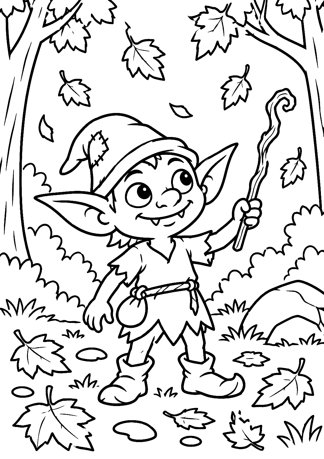 Kobold mit Zauberstab im Herbstwald als Malvorlage – Ausmalbild zum Ausdrucken
