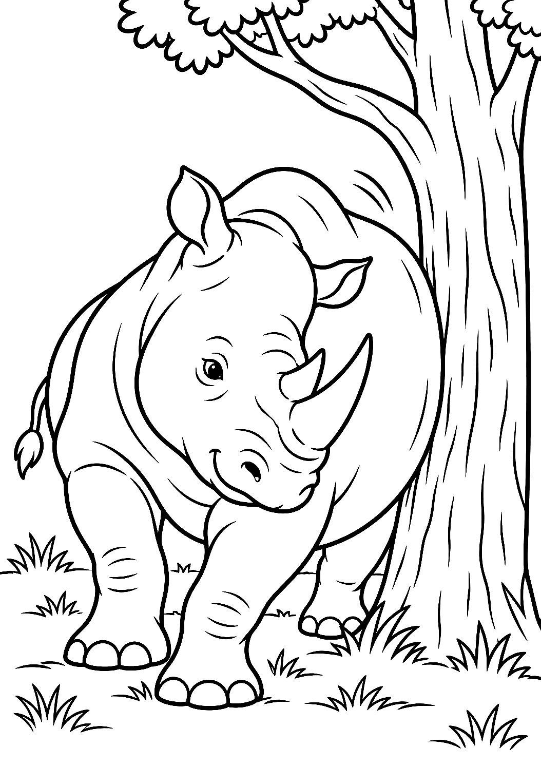 Rinoceronte a Coçar-se num Tronco de Árvore para Colorir – desenho para colorir para imprimir