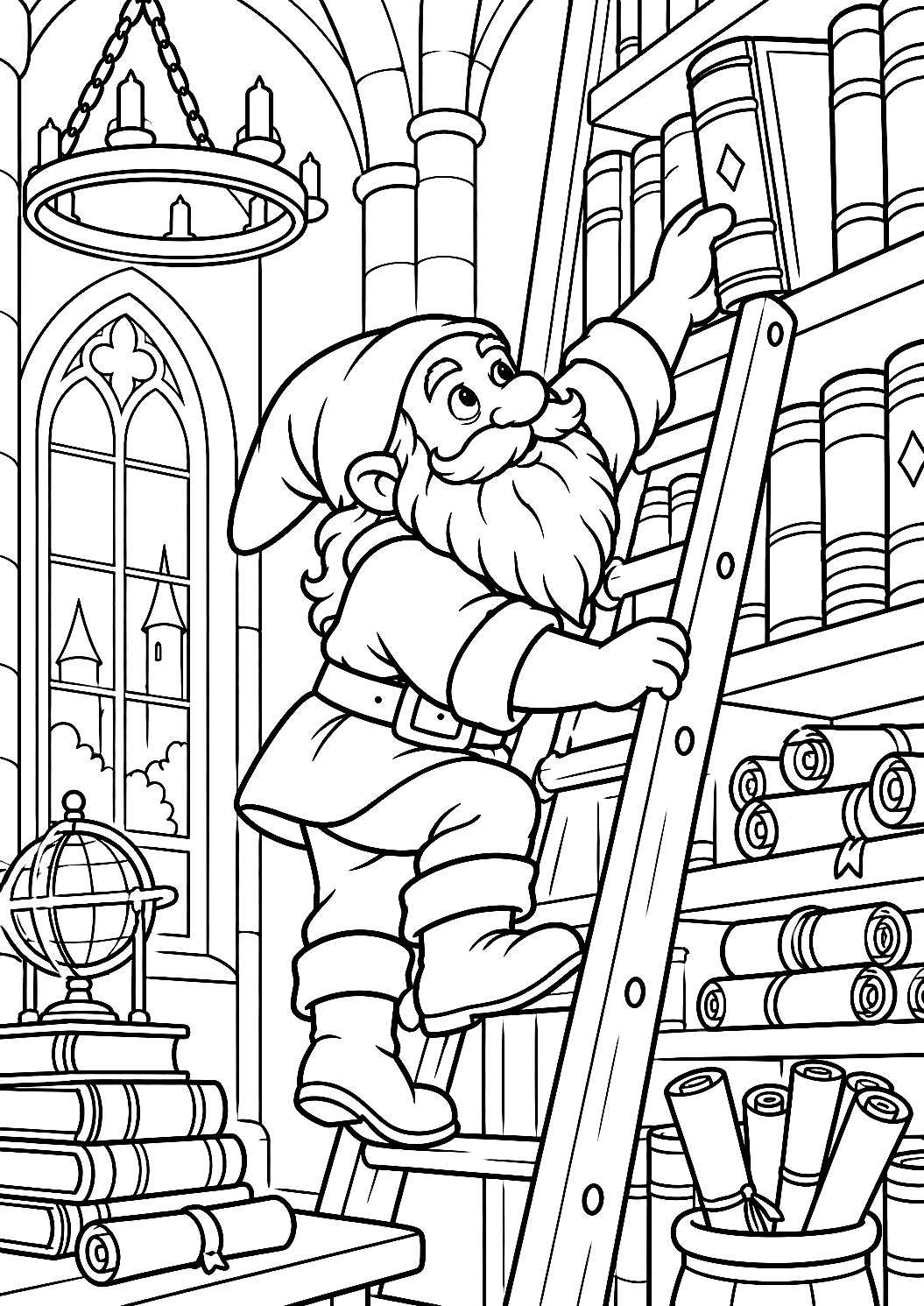 Gnomo che Sale su una Scala verso la Libreria da Colorare – disegno da colorare da stampare