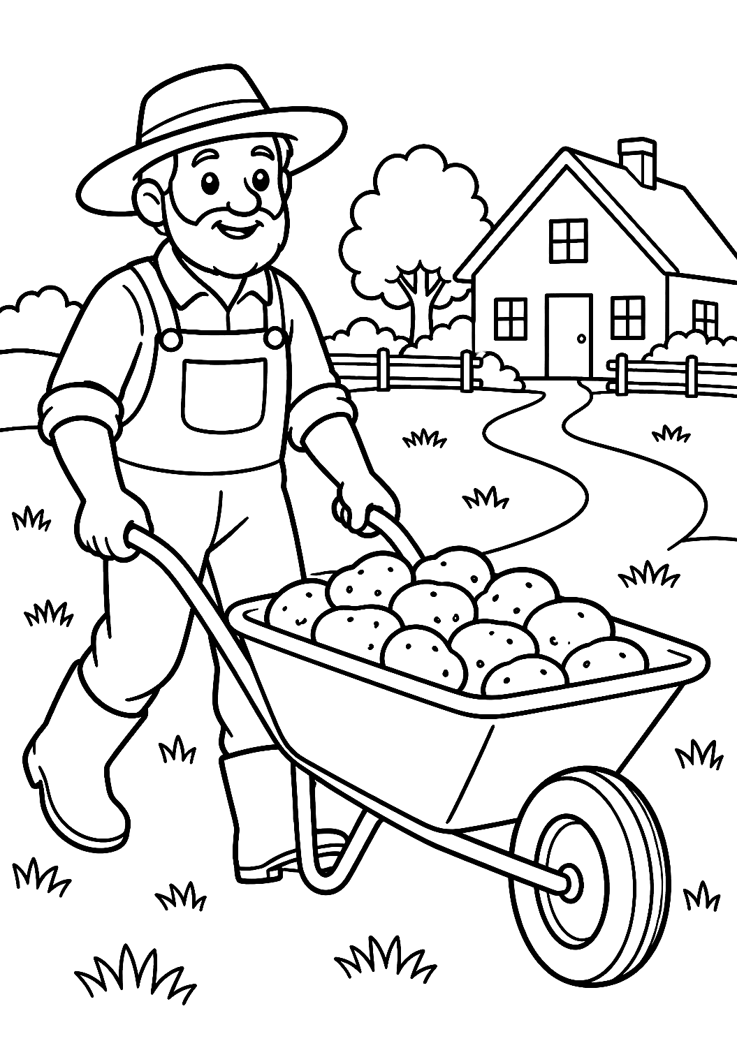 Boer bij het binnenhalen van de aardappeloogst met kruiwagen als kleurplaat – kleurplaat om af te drukken