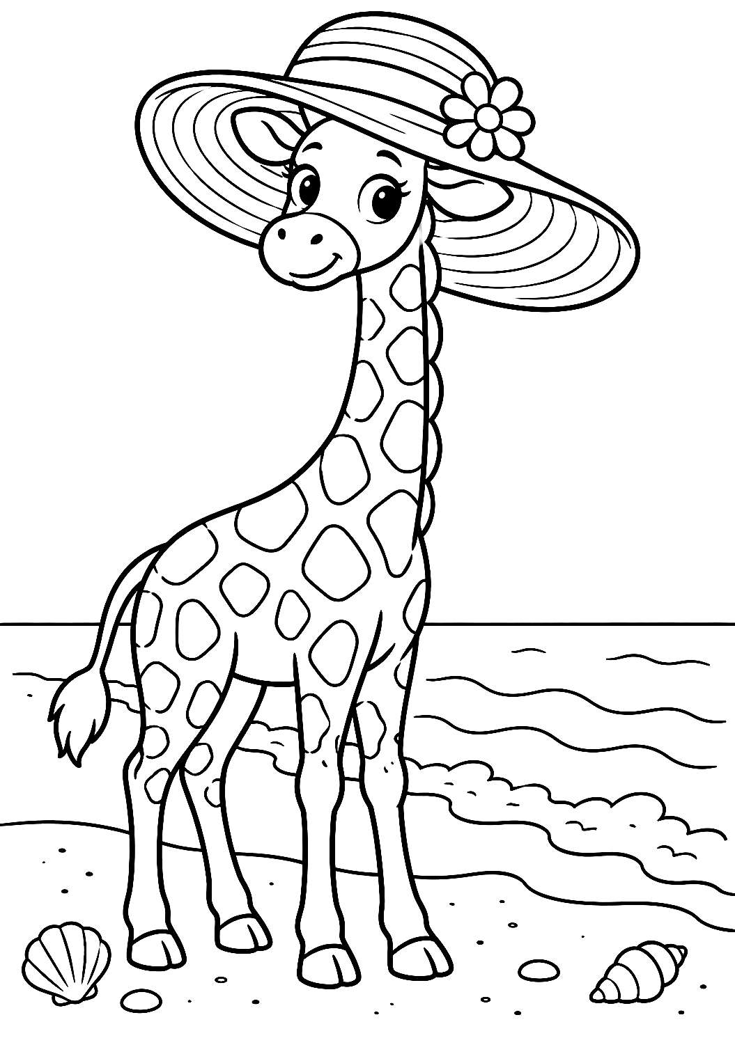 Girafe avec chapeau de soleil à la plage à colorier – coloriage à imprimer